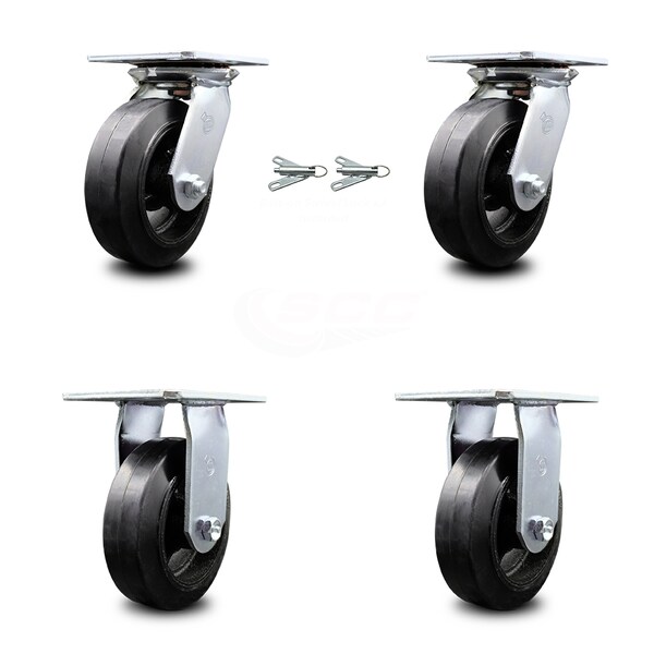 6 Inch Rubber on Steel Caster Set with Ball Bearing 2 Swivel Lock and 2 Rigid